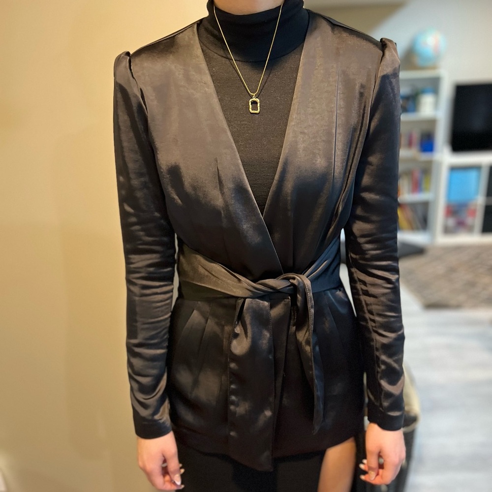 Dynamite Black Satin Blazer with Tie Waist
